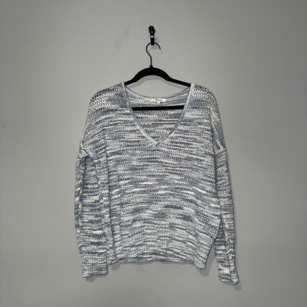 Madewell Speckled V Neck Knit‎ Sweater Loose Fit Blue White Grey Women's L